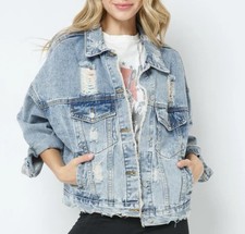 Blue B Collection Distressed Denim Jacket Light Wash Oversized Trucker Large NWT