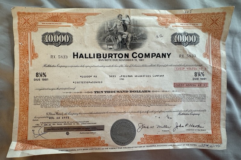 Halliburton Bond Certificate Cancelled $10,000