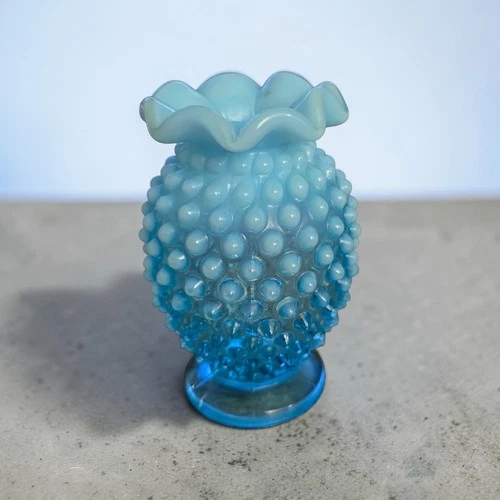 Vintage Fenton Blue Opalescent Hobnail Vase Ruffled 4” Small – Unmarked Pre-1970