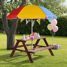 3 in 1 Kids Picnic Table Set, Sand and Water Table with Wooden Bench, Parasol UK