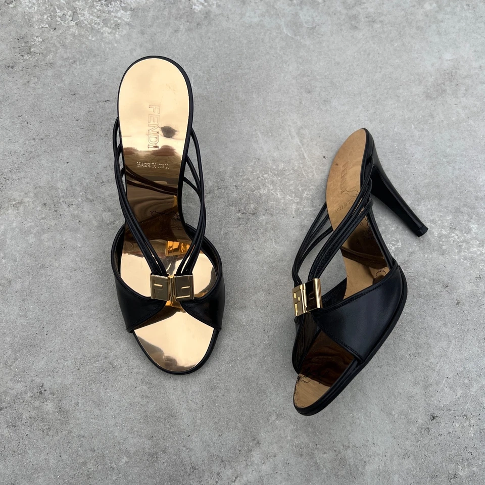 Fendi | Authentic Vintage Black Leather Gold Monogram Hardware Strappy Mules(35) - Image 2 of 4