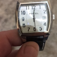 Fossil Tonneau Quartz Analog Watch White Dial Date Black Leather Strap 50m
