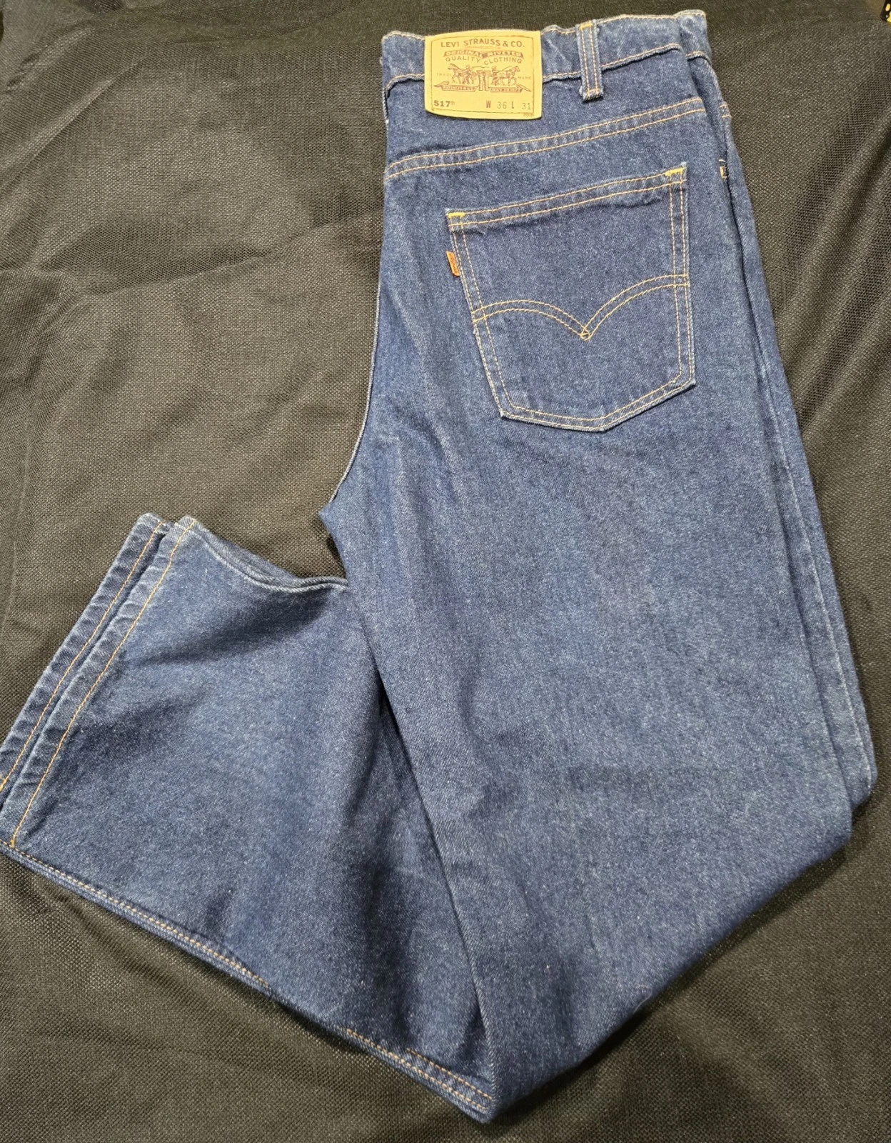 Vintage Levi's 517 Orange Tab Blue Dark Wash Denim bootcut Jeans 5-Pocket Logo