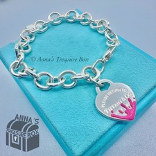 Tiffany  Co. 925 Silver Pink Enamel Splash RTT Heart Tag 8" Bracelet pouch 