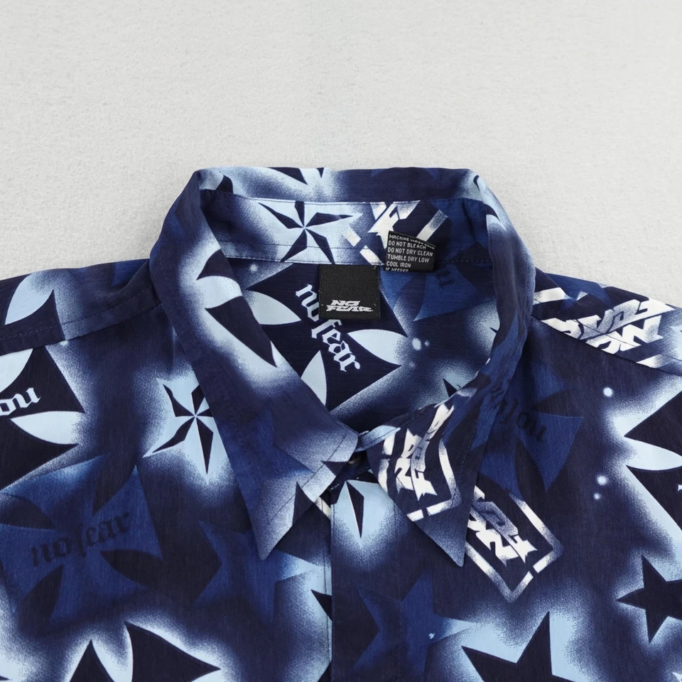 Vintage No Fear Shirt Mens 2XL Blue Button Up AOP All Over Print Skater Y2K - Image 2 of 4