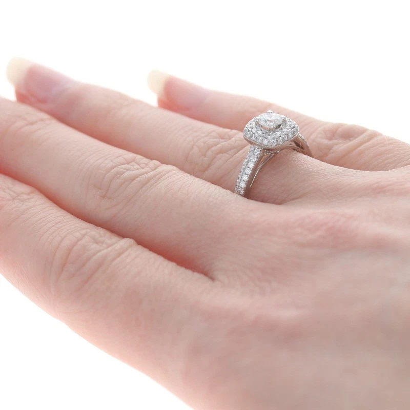 White Gold Diamond Halo Engagement Ring -14k Round Cut .90ctw Cathedral Milgrain - Image 4 of 4