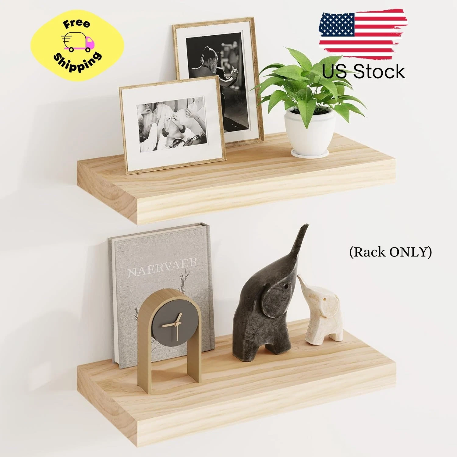 Wood Floating Shelves Set of 2, Rustic Pine Wood Floating Shelves, 16" W x 7" D