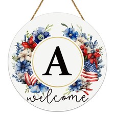 Letter A 4th of July Wreath, Patriotic, Monogram Welcome Sign, Wooden, Door