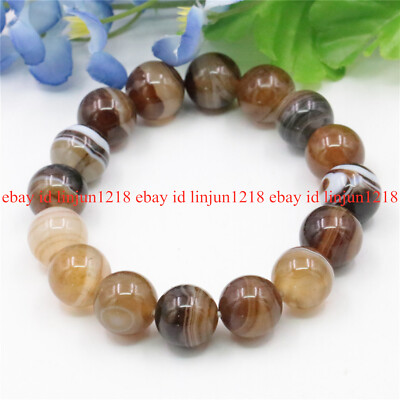 Natural 6/8/10/12mm Brown Striped Agate Round Beads Stretch Bracelet 7.5''