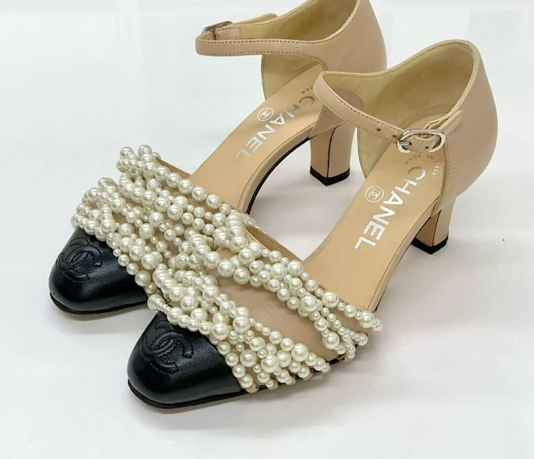 CHANEL Leather COCO Mark Pearl Strap Pumps Shoes 34C Beige X Black Auth Used