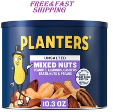 PLANTERS Roasted Unsalted Mixed Nuts, 10.3 oz Canister FREE SHIPPING