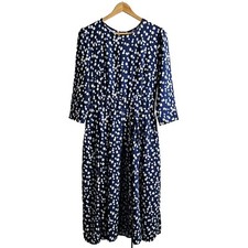 Women Floral Midi Flare Dress Size M Stretchy Navy Blue  White Half Sleeve