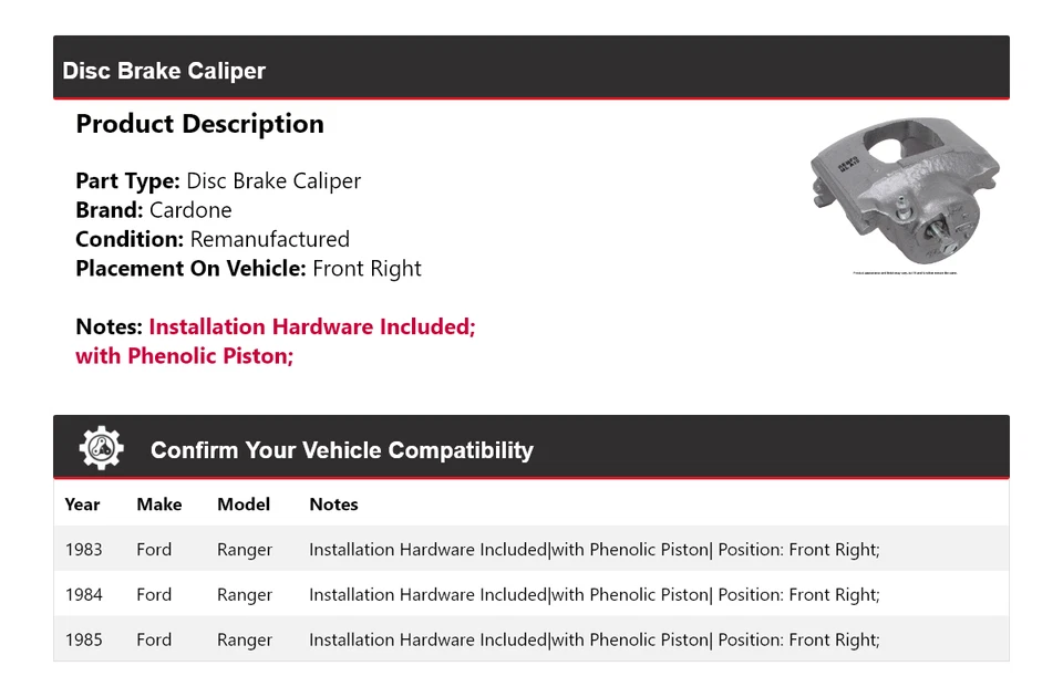 Pinza de freno de disco delantera derecha Cardone 1984 para Ford Ranger 1983-1985 Foto 2 de 4
