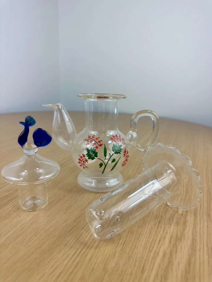 VTG Art Deco Glass Clear Painted 3 pc Set Retro Teapot Kettle Blue Chicken Top Foto 3 de 4