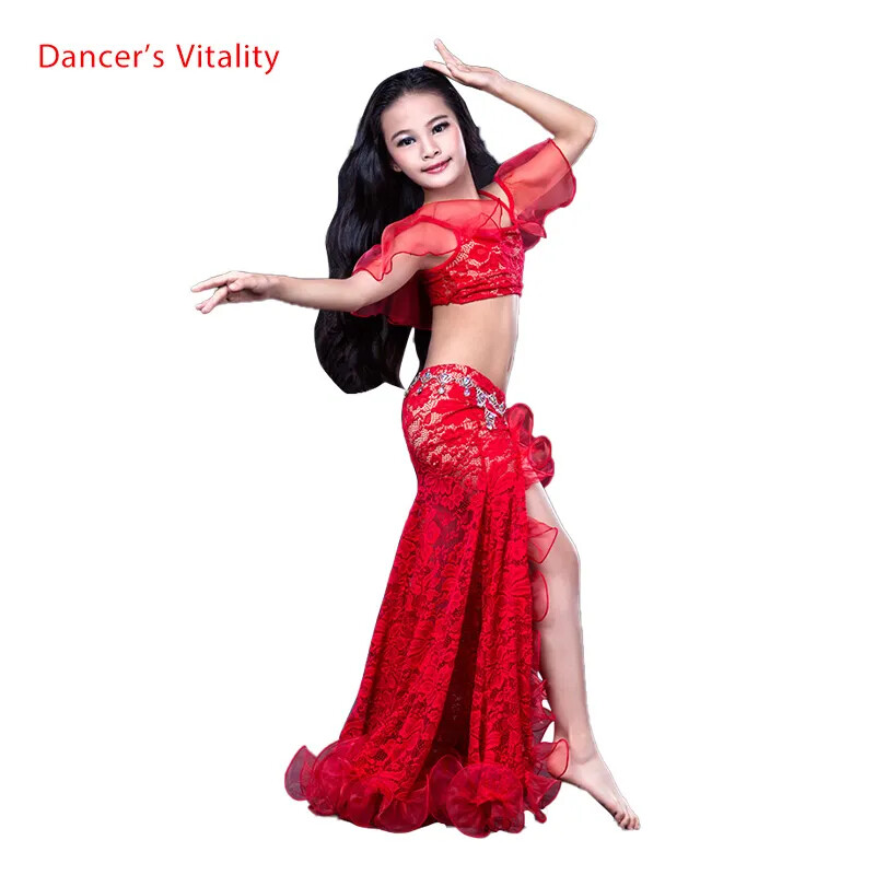 Girls Belly Dancing Clothes Luxury Sleeveless Top+Lace Split 2pcs Child Set