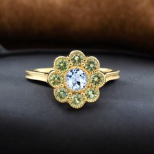 925 Sterling Silver 5 mm Round Shape Natural Aquamarine Ring Peridot halo Ring