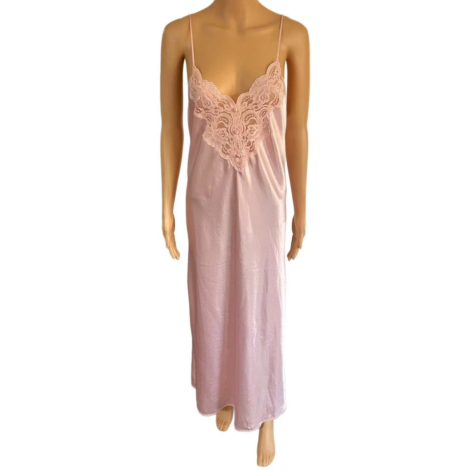 Vintage Indulgence Lingerie Dress 70s Pink Satin Lace Slip - Size Medium - Image 2 of 4