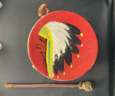 Vintage Native American Style Small Drum w Drumstick Hand Painted