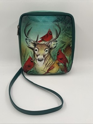 Anuschka Hand Painted Leather Crossbody Bag Deer Cardinals