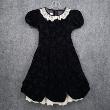 VINTAGE Jenny Annie Dots Velvet Floral Dress Girls 12 Black Lace Collar Puff USA