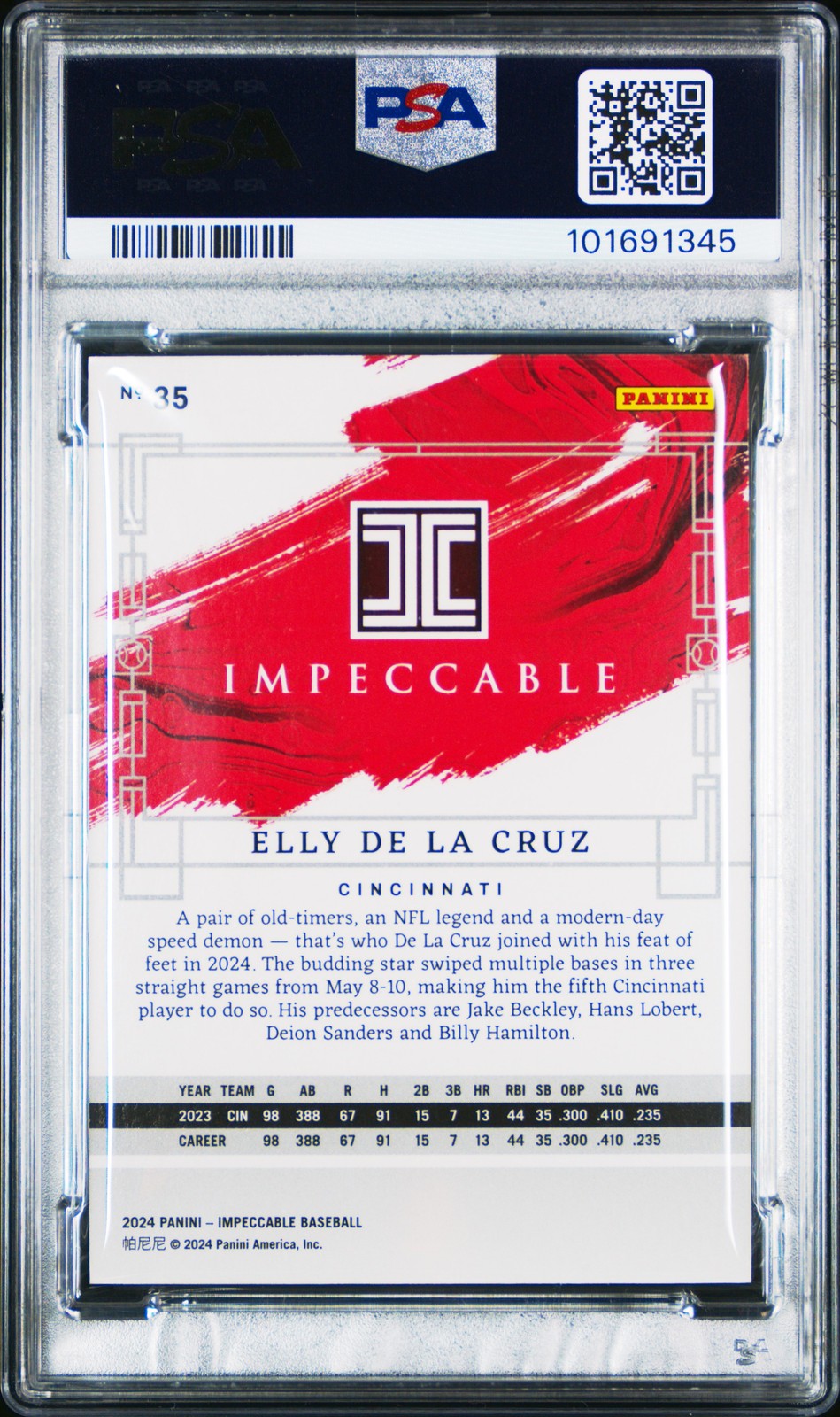 2024 Panini Impeccable #35 Elly De La Cruz Holo Gold /10 PSA 9 view 2