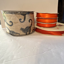 Mixed Brands Halloween Ribbon 5 Spool Lot Orange/Beige/Black cat, app. 100 yds