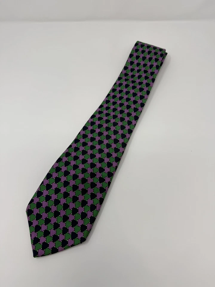 Corbata de seda vintage Turnbull & Asser Príncipe de Gales Inglaterra púrpura/verde geométrica Foto 2 de 4