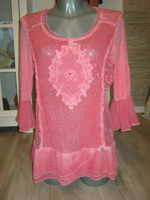 tredy * Damen SHIRT Bluse BASIC Stretch SPITZE Netz STONES ein TRAUM * M/L 40