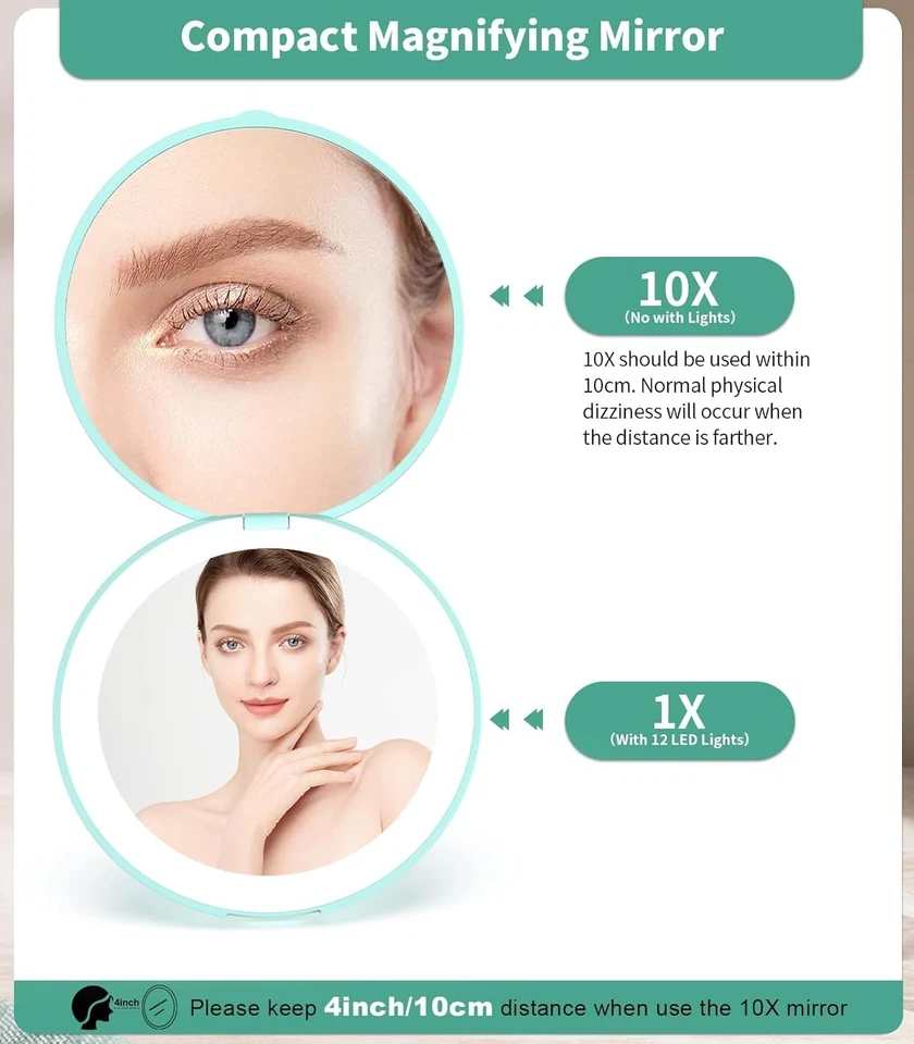 Espejo de Maquillaje de Viaje con Iluminación LED, Aumento 1x/10x, Compacto, Portátil para... Foto 4 de 4
