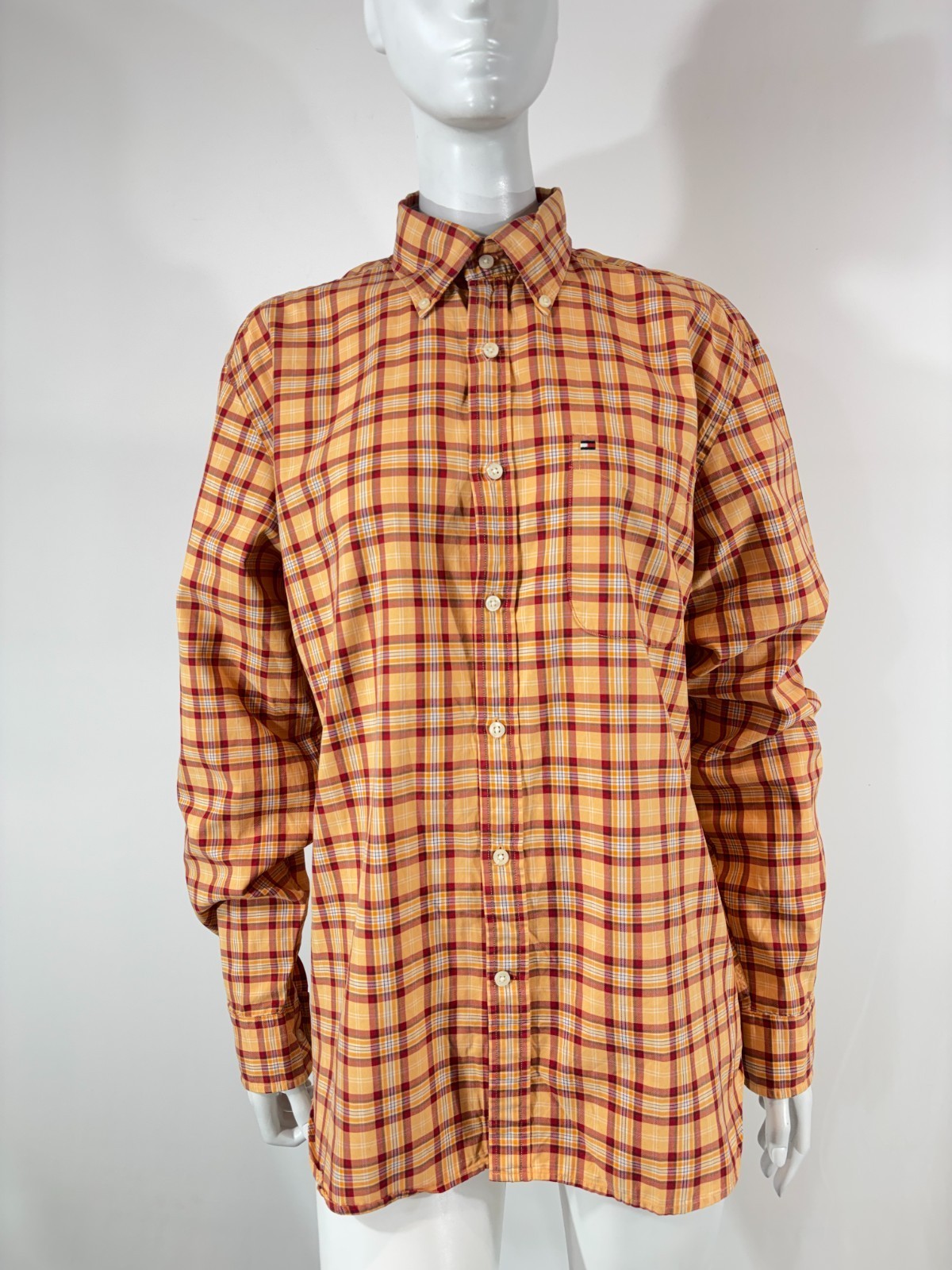 TOMMY HILFIGER 80's Two-Ply Shirt Men's LARGE Button Down Collar Check Plaid