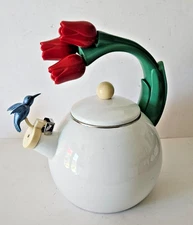 Vintage Ancona Enamel Whistling Tea Pot Kettle Blue Hummingbird Red Tulips LOOK