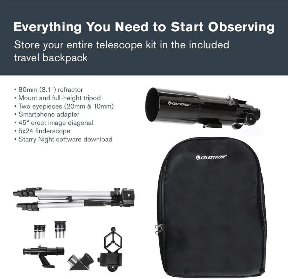 Celestron Travel Scope 80 Portable Refractor Telescope with Backpack Accessories - Image 4 of 4