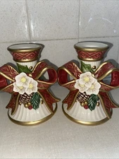 Fritz And Floyd Classics Christmas  Candlestick Holders Set 2 Bows Holly Berries