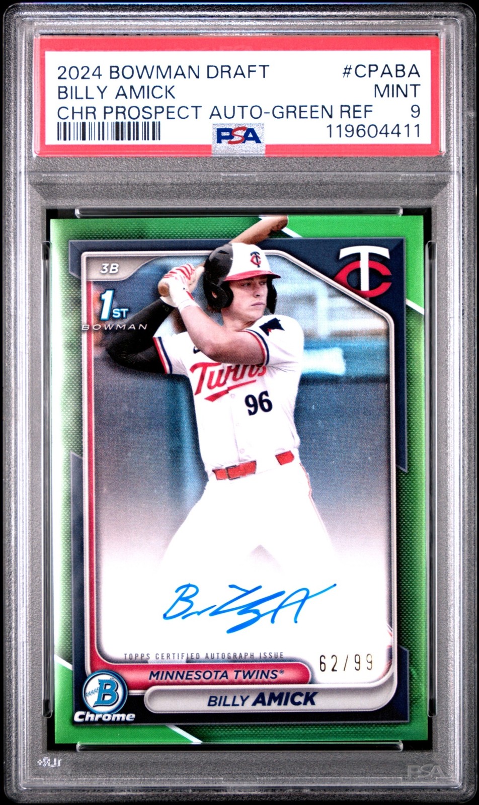 2024 Bowman Draft Billy Amick #CPA-BA 1st Chrome Auto Green Refractor /99 PSA 9