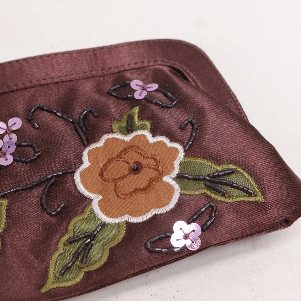 Bolso sin asas Avon para mujer marrón con apliques florales con cuentas Bolso de noche Cartera Bolsa Foto 4 de 4