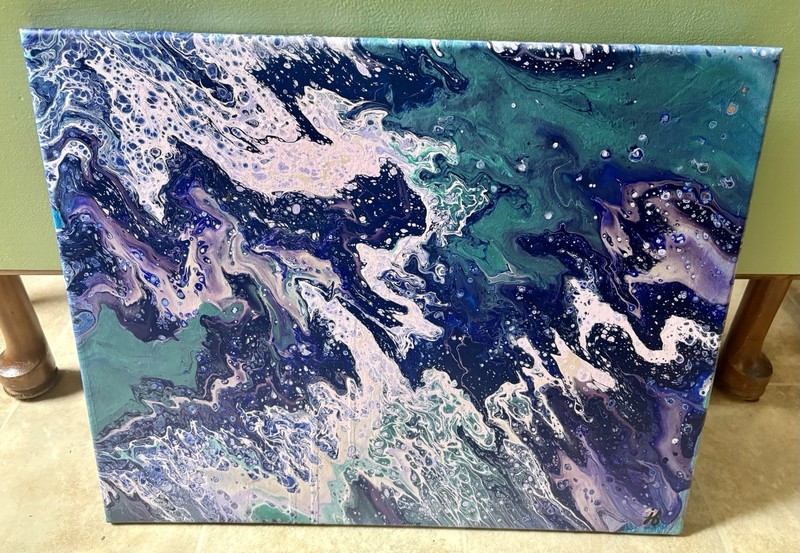 Original Acrylic Pour Painting Abstract Art Artist Signed Blue Purple Green