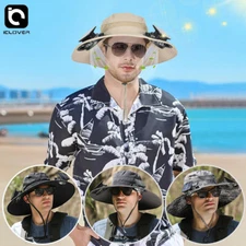 Outdoor Wide Brim Sun Hat with Solar Fan Bucket Men Women Fishing Beach Built In