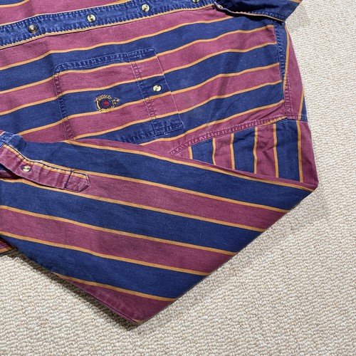 VINTAGE Bugle Boy Striped Shirt Mens Medium Burgundy Blue 90s Button Down USA - Picture 2 of 11