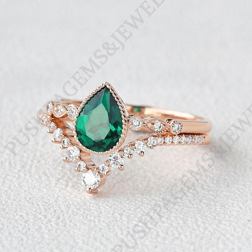 925 Sterling Silver 7x5 mm Pear Shape Natural Emerald Ring Set Cubic Zirconia - Picture 6 of 7
