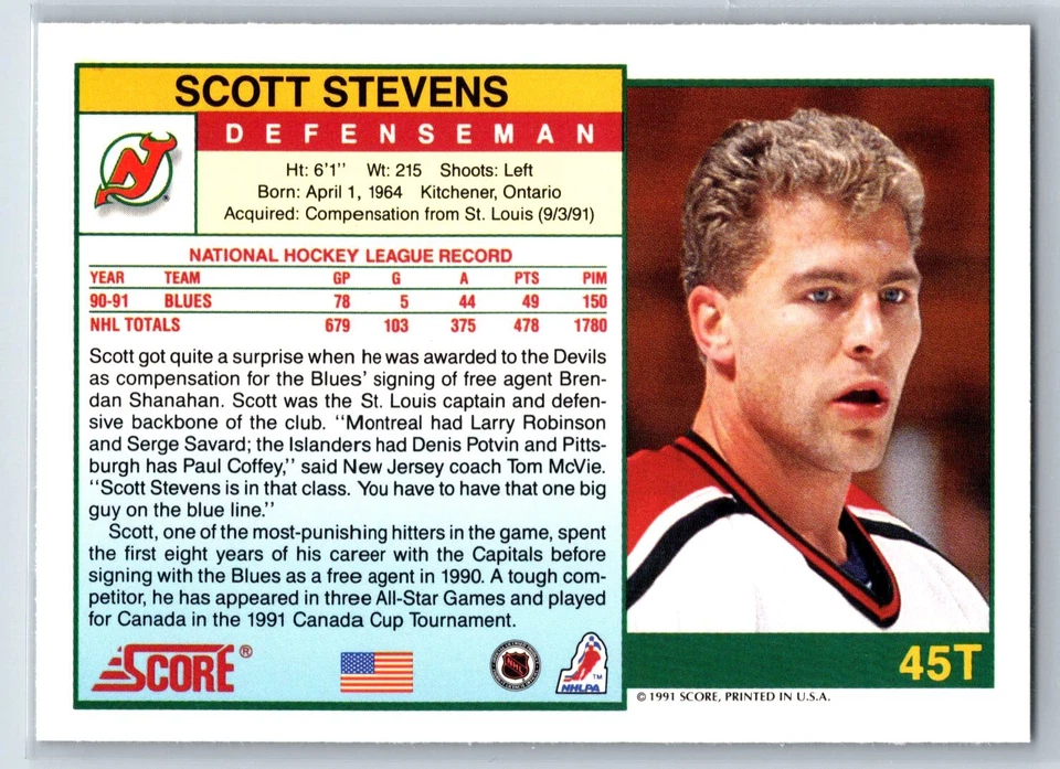 1991-92 Score Rookie and Traded Scott Stevens New Jersey Devils #45T - Image 2 of 2