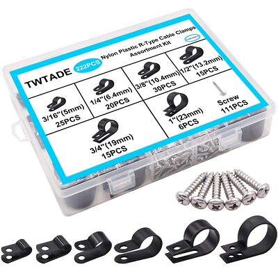 222pcs Black Cable Clamps Assortment Kitnylon Plastic Rtype 6 Sizes 3/16'' 1/4''