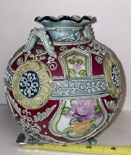 Antique Nippon Royal Moriye Hand Paint Flower Moriage Vase Footed Two Handles - Picture 10 of 10