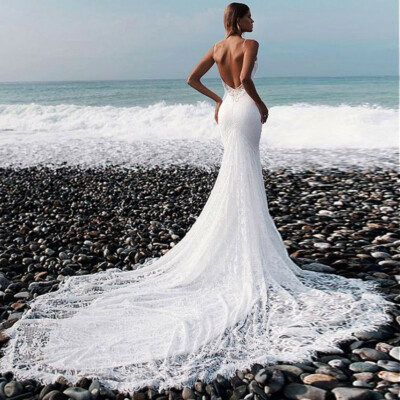 Spaghetti Straps Mermaid Lace New Wedding Dress White/Ivory Backless Bridal  Gown | eBay