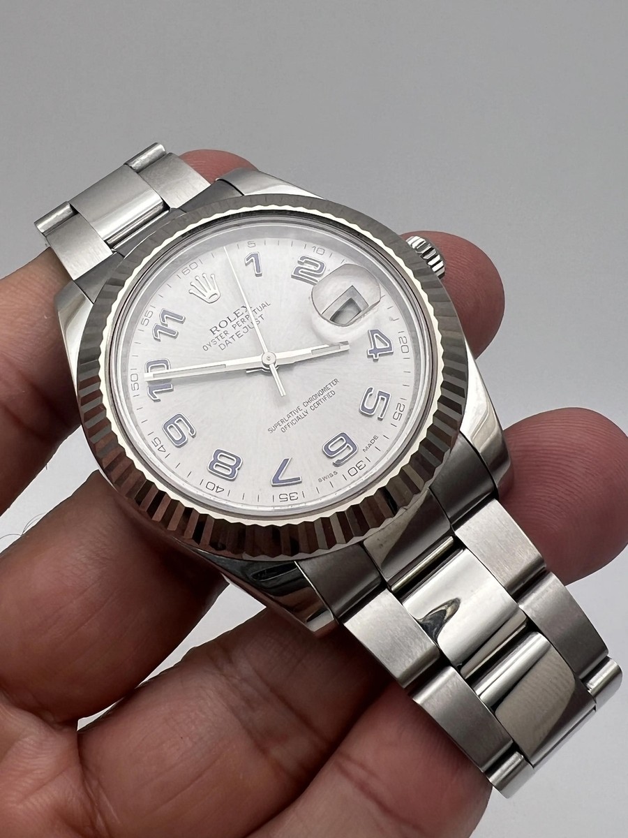 Rolex Datejust II 41mm 116334 18K Fluted Silver Blue Arabic Numerals Dial  Papers