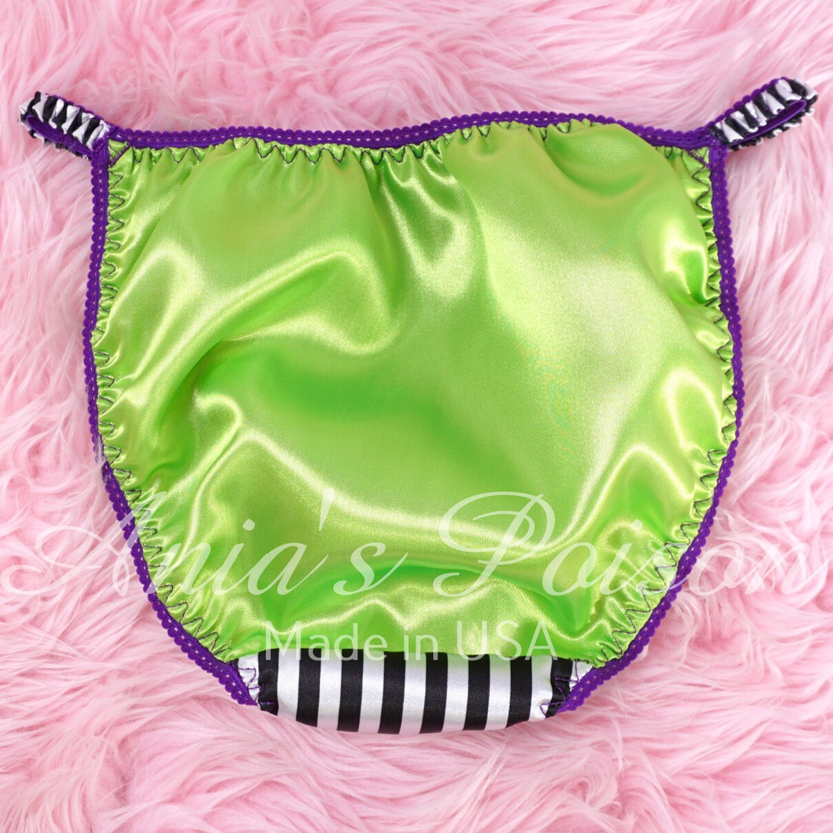 Mutandine In Raso Satin Duchess – Halloween Verde E Viola A Righe, Bikini, Nuove Con Etichette