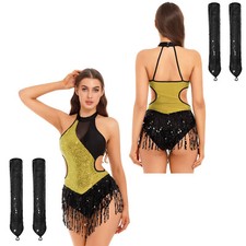 Women Outfits Rumba Leotards Tassel Costumes Sequin 2Pcs Gymnastics Bodysuit