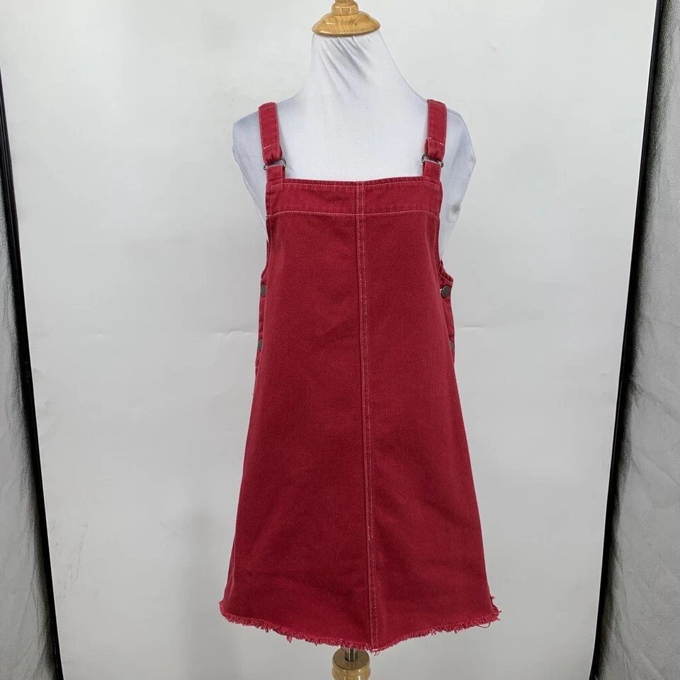 RVCA Детский комбинезон платье женщин S маленький красный джинсовой ткани кнопка стороны задние карманы бахрома кромки - Изображение 2 из 4