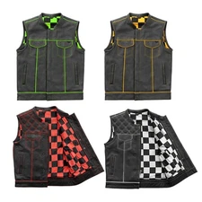 Men's BLACK Real Cowhide Leather Vest - Checker Lining Biker's Motorcycle Vest