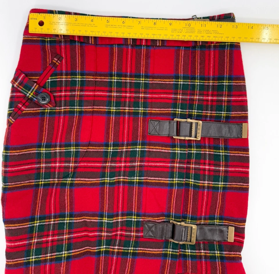 Falda L.A.M.B Mujer 6 Rojo Tartán Cuadros Hebilla Correas Trompeta Volantes Forrada * Foto 3 de 4