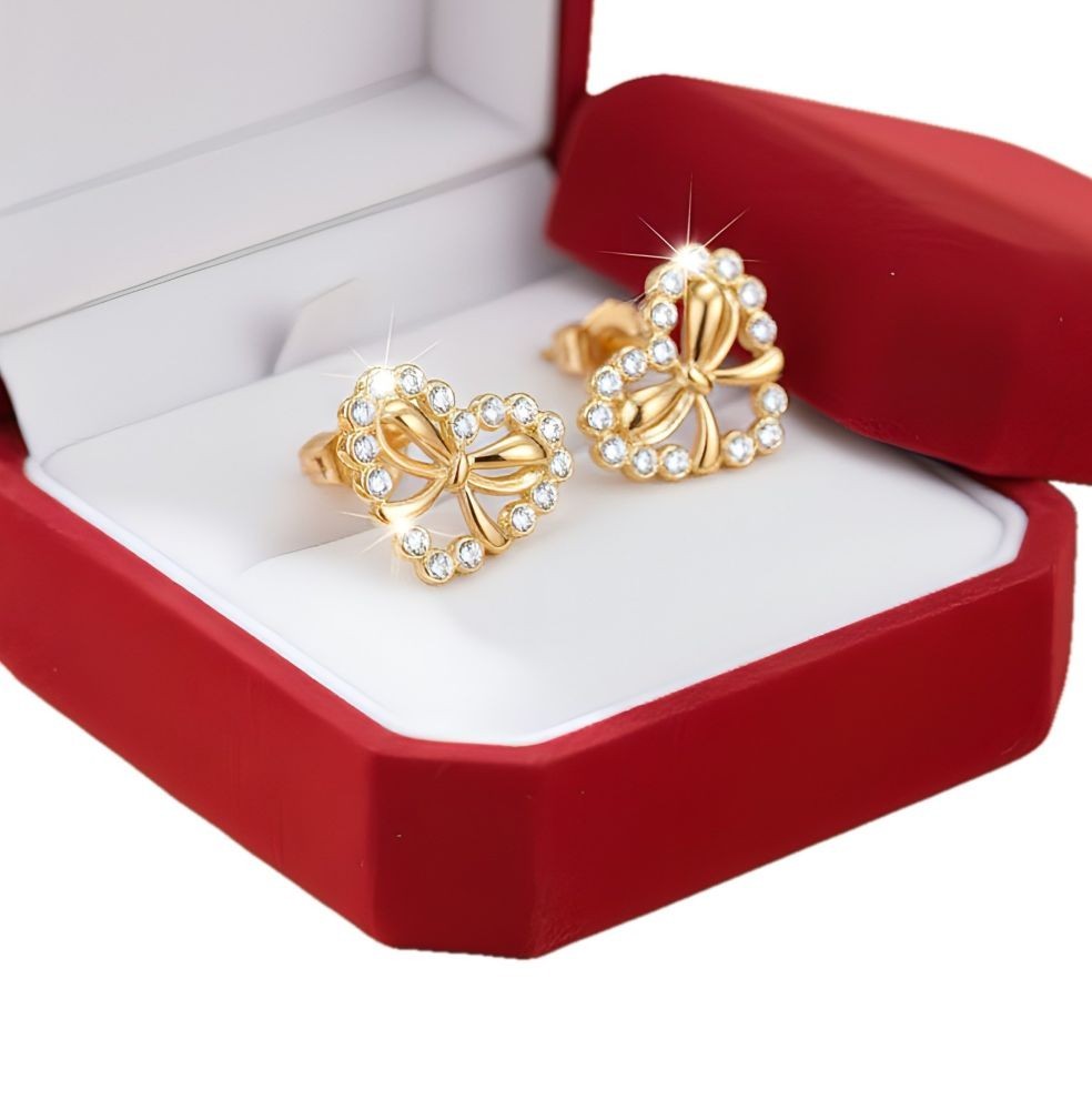 Boucles d'oreilles cœur plaqué or femme nœud et zircons étincelants de taille moyenne